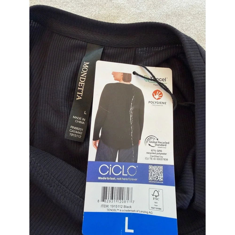NWT Mondetta Black Long Sleeve Performance Top Size L Tencel Anti-Odor